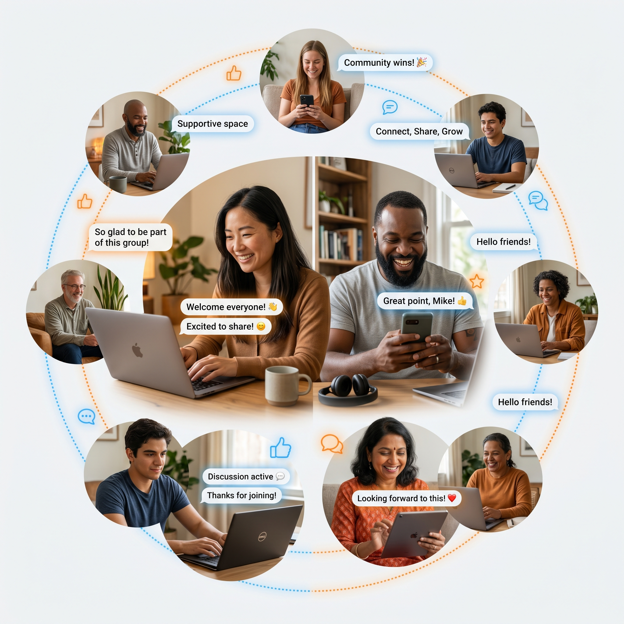 Diverse online community of affiliate marketers connected and supporting each other through the Wealthy Affiliate platform