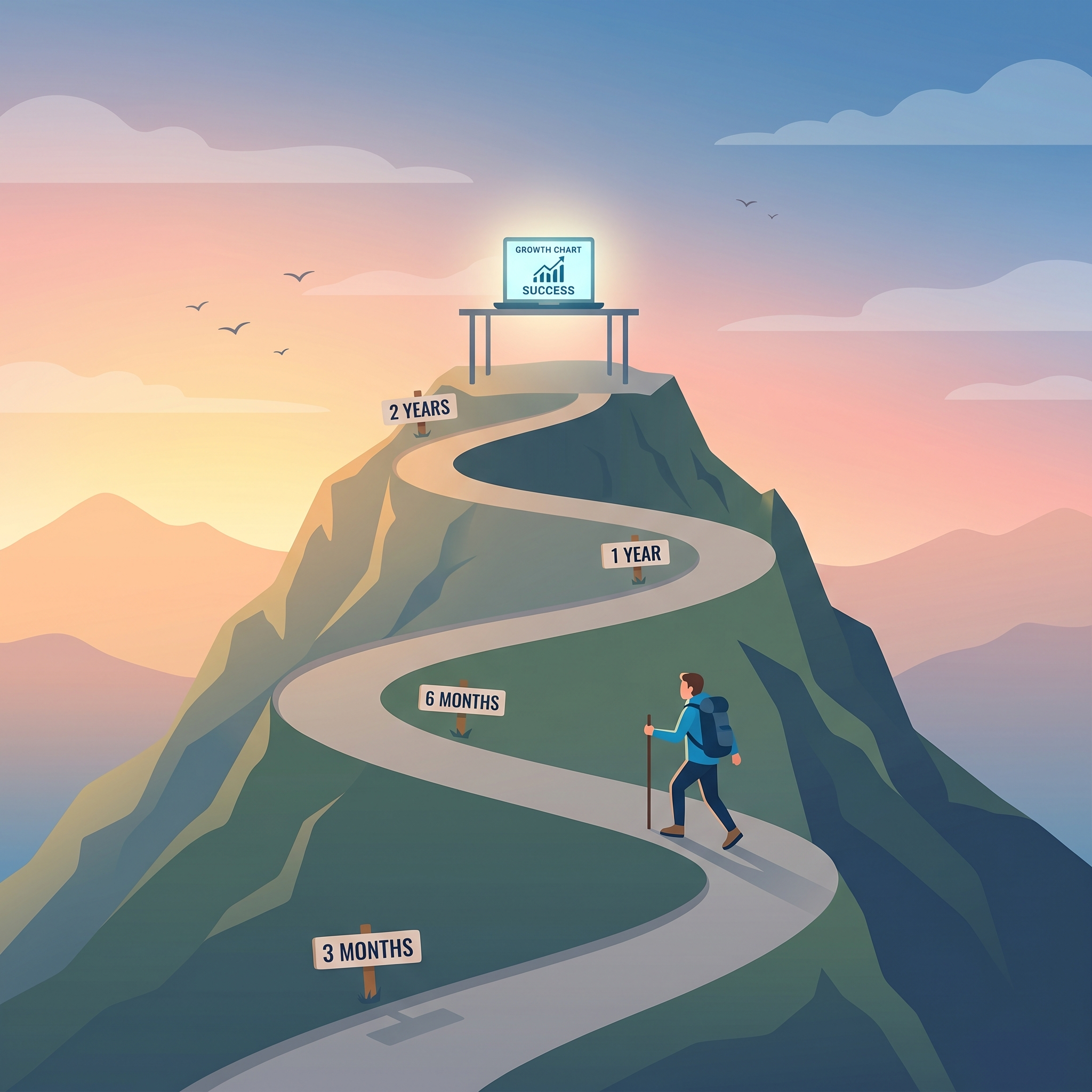 Person climbing a mountain path toward a laptop at the summit, illustrating the long-term journey to building a successful affiliate marketing business