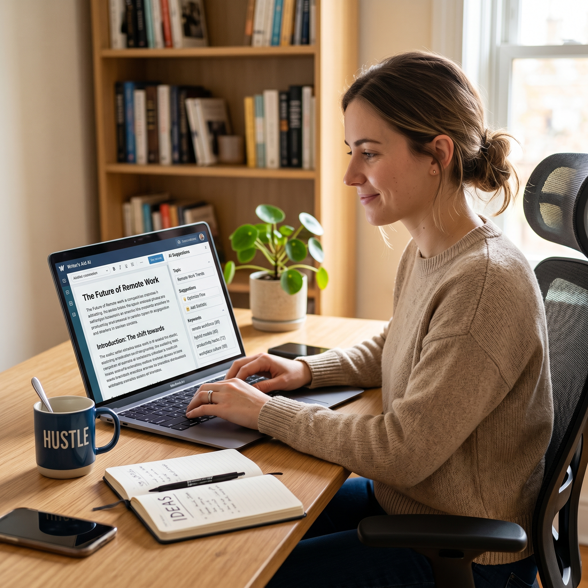 Woman working on a laptop at a home office desk, building an affiliate marketing website with Wealthy Affiliate