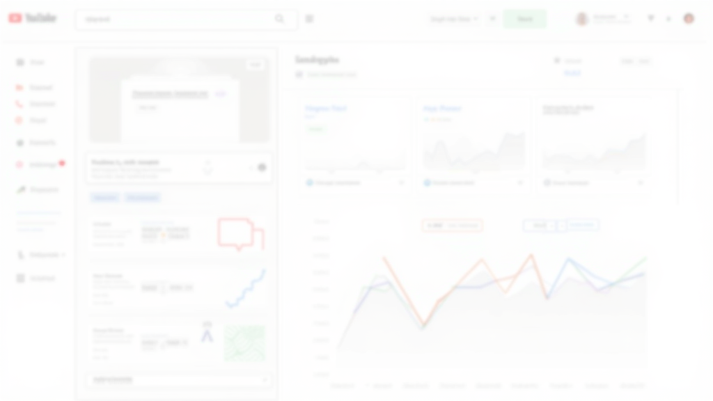 YouTube channel dashboard with SEO analytics, visuals of tags and thumbnails, search icons, and trending graph. Bright colors and clear layout.